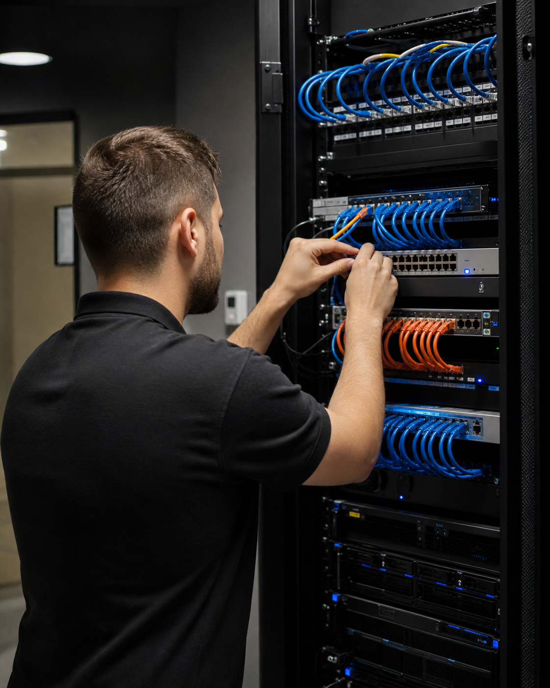 Technician configuring network equipment in a communications cabinet